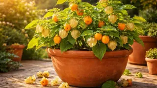 Eine reife Physalis-Pflanze in einem Terrakotta-Topf, beladen mit leuchtend orangen Früchten und papierartigen Hüllen. Einige Früchte sind auf dem sonnenbeschienenen Boden verstreut.