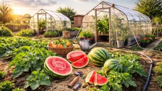 Sonnenuntergang im Garten mit Gewächshäusern. Reife Wassermelonen liegen auf dem Boden, bereit zur Ernte. Hier wachsen die Wassermelonen!