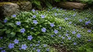 Ein dichter Teppich aus grünen Blättern und kleinen blauen Blüten des Kleinen Immergrüns (Vinca minor) bedeckt den Waldboden, umgeben von Moossteinen und Farnen.