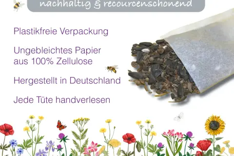 Ein Beutel mit Samen, darunter Buchweizenpflanze, Sonnenblumenkerne und andere Körner, umgeben von bunten Blumen und Schmetterlingen.