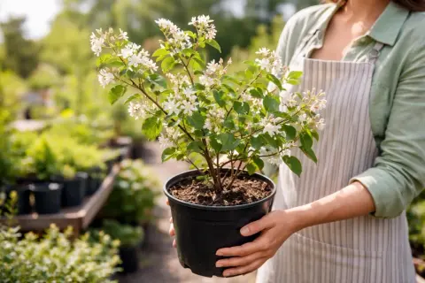 Eine Person hält einen Topf mit einer blühenden Amelanchier ovalis. Die zarten weißen Blüten schmücken den Strauch.