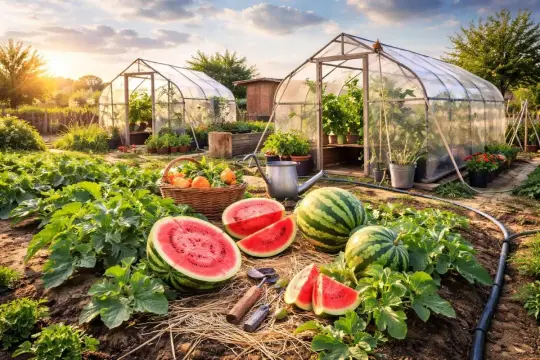 Sonnenuntergang im Garten mit Gewächshäusern. Reife Wassermelonen liegen auf dem Boden, bereit zur Ernte. Hier wachsen die Wassermelonen!