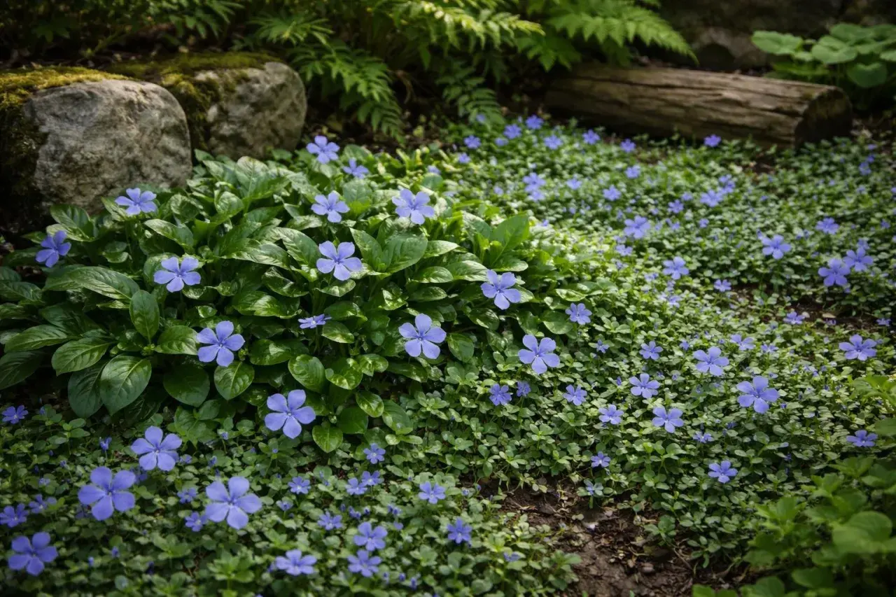 Ein dichter Teppich aus grünen Blättern und kleinen blauen Blüten des Kleinen Immergrüns (Vinca minor) bedeckt den Waldboden, umgeben von Moossteinen und Farnen.