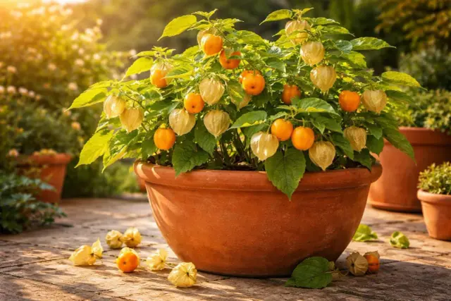 Eine reife Physalis-Pflanze in einem Terrakotta-Topf, beladen mit leuchtend orangen Früchten und papierartigen Hüllen. Einige Früchte sind auf dem sonnenbeschienenen Boden verstreut.