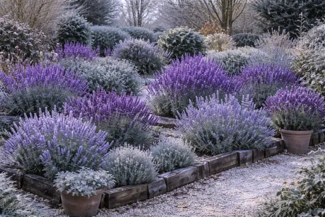 Lavendel winterhart blüht in voller Pracht, umgeben von frostigen Sträuchern und einem Kiesweg. Ein idyllischer Anblick.