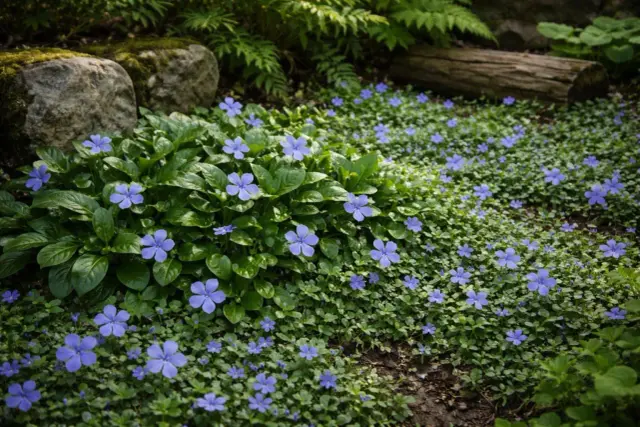 Ein dichter Teppich aus grünen Blättern und kleinen blauen Blüten des Kleinen Immergrüns (Vinca minor) bedeckt den Waldboden, umgeben von Moossteinen und Farnen.